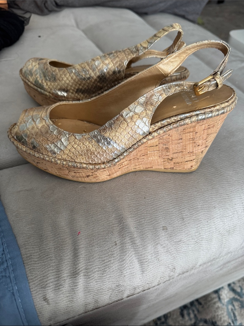 Stuart Weitzman Gold Snake-Print Cork Wedge Slingbacks